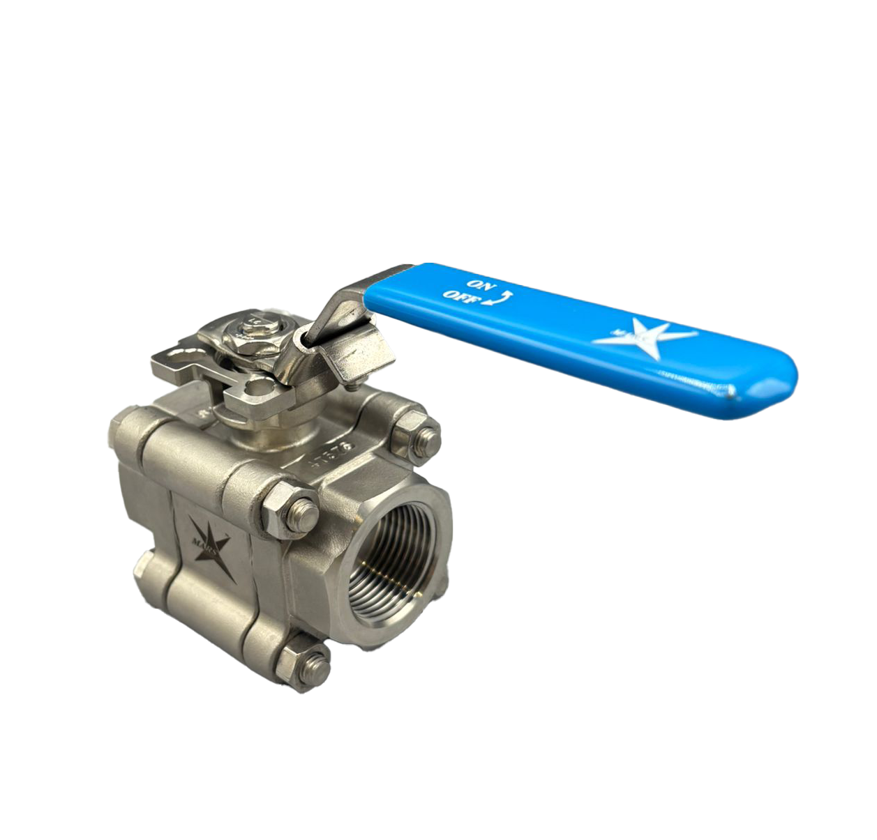 Mars Stainless Steel 3 Piece Full Bore Ball Valve, Class 1000, Carbon Filled PTFE Seats, Lockable Lever