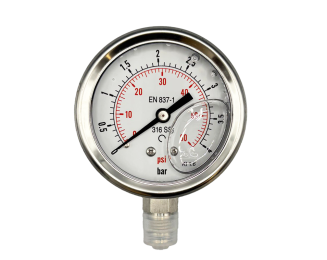 VIP Pressure Gauges, 2 1/2" Dials, Fillable Pressure Gauge, Fully Stainless Steel, 1/4" BSP Bottom Connection
