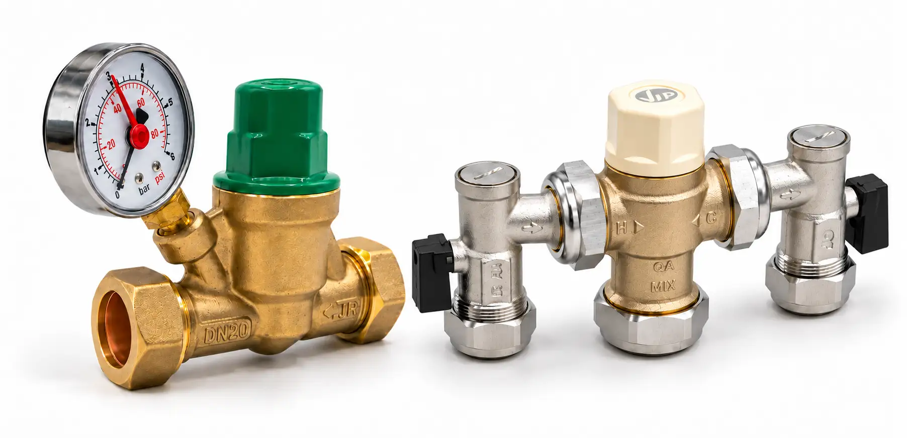 VIP pressure-reducing valve with gauge and thermostatic mixing valve for domestic water control