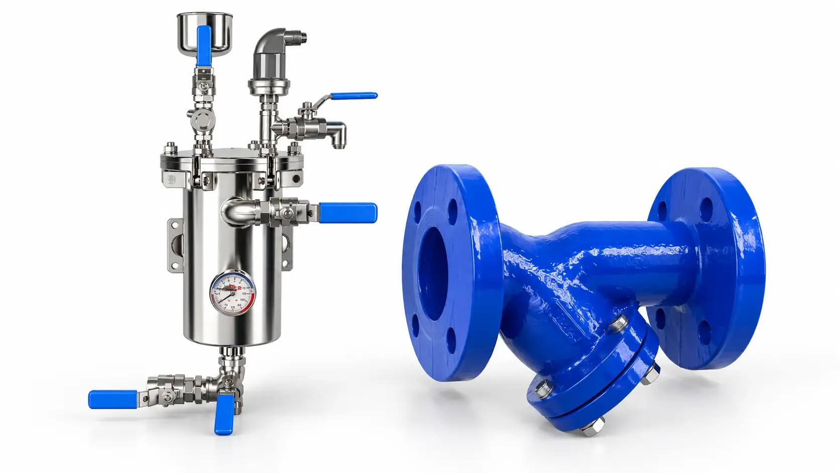 Stainless steel filter pot and blue Y-strainer for office heating and cooling systems