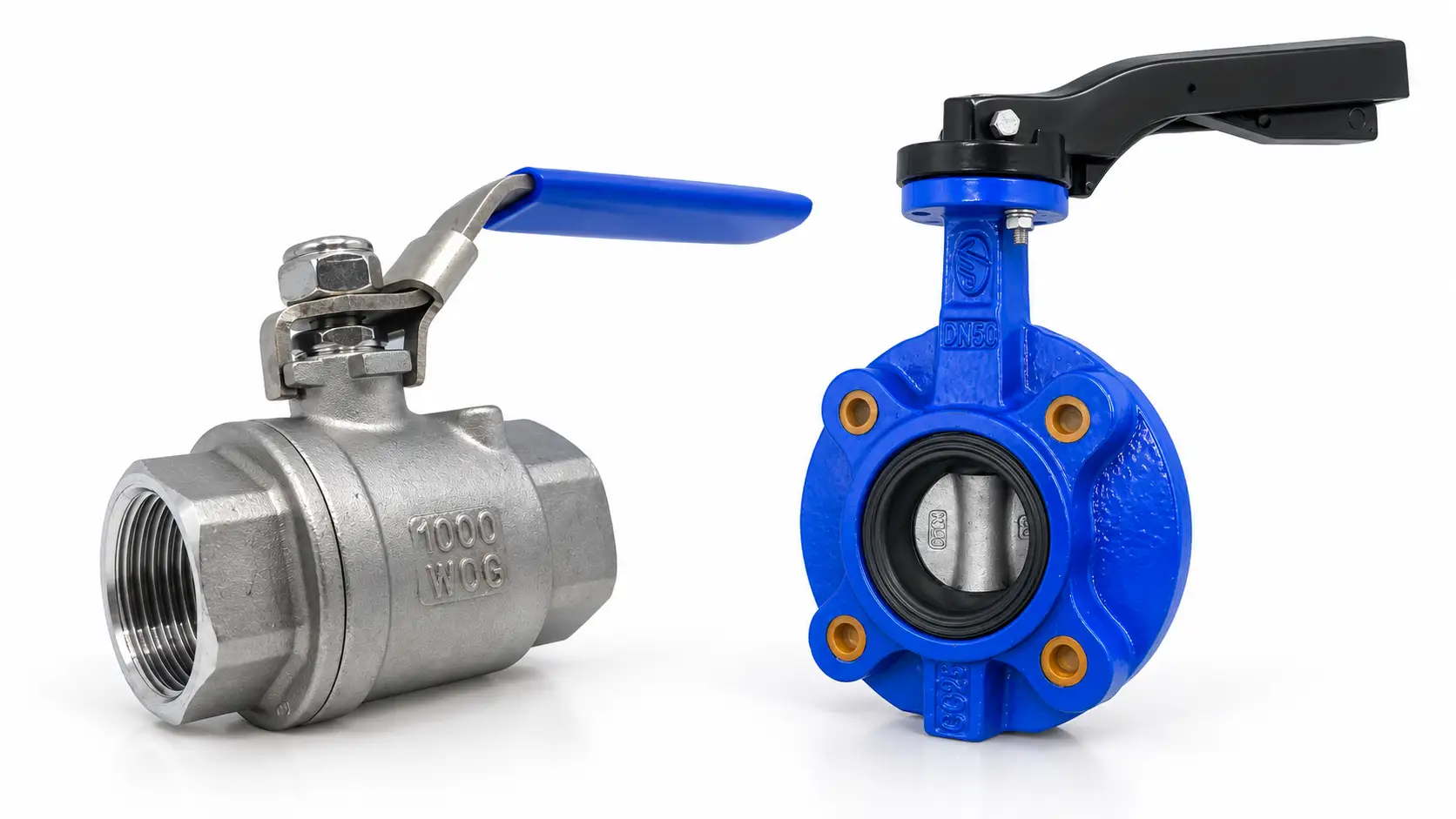 Stainless steel ball valve and blue butterfly valve for office plantroom isolation