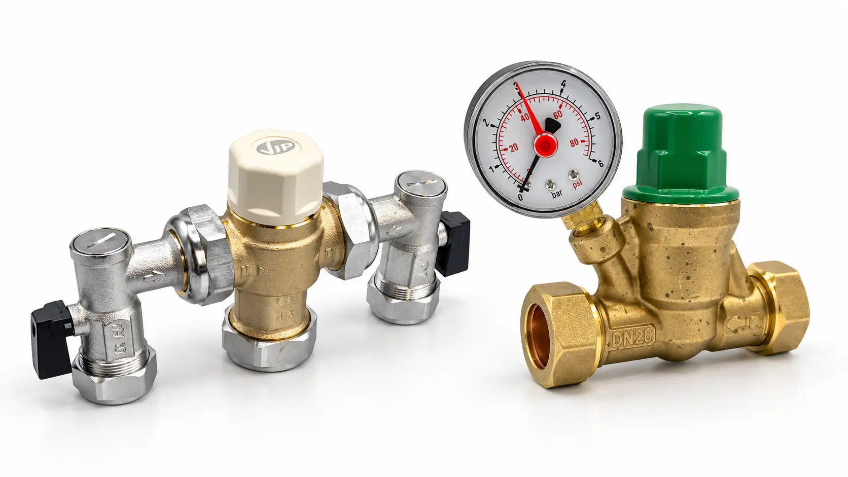 Thermostatic mixing valve and brass pressure-reducing valve for office domestic water services