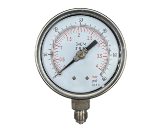 4″ Dial Pressure Gauge, Fillable Pressure Gauge, Fully Stainless Steel, Bottom Entry