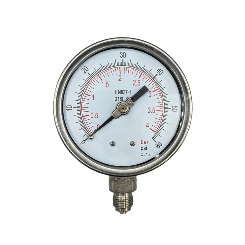 4″ Dial Pressure Gauge, Fillable Pressure Gauge, Fully Stainless Steel, Bottom Entry